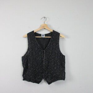 Sweet Sue Opalescent Beaded Silk Vest Women L Black Lined Retro y2k Goth Vtg 154